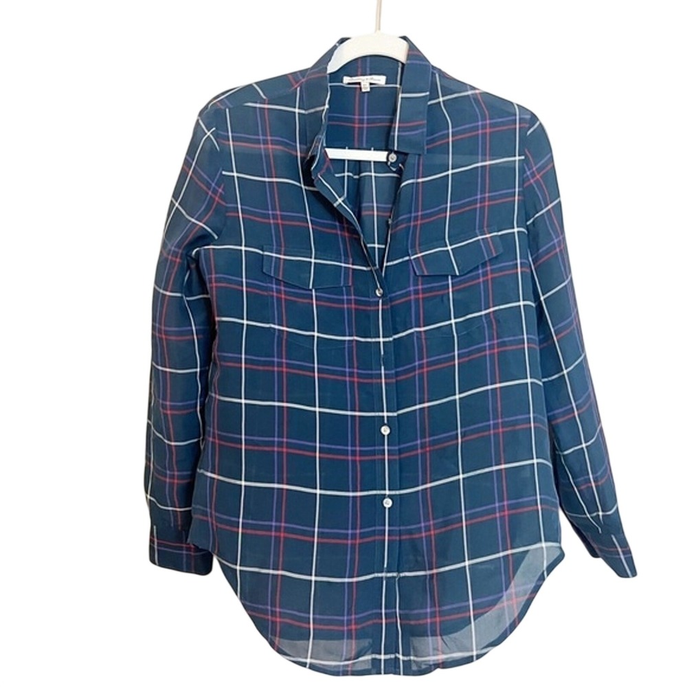 Broadway & Broome Womens XS Navy Blue Plaid 100% Silk Button Down Shirt Blouse